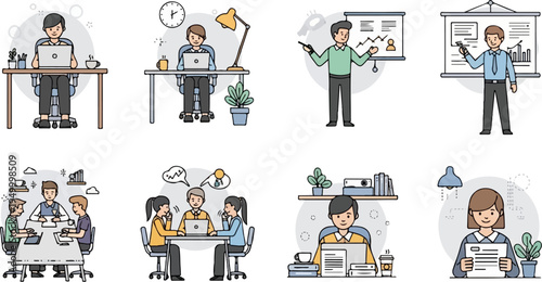 Diverse group of people engaged in office work, meetings, and presentations