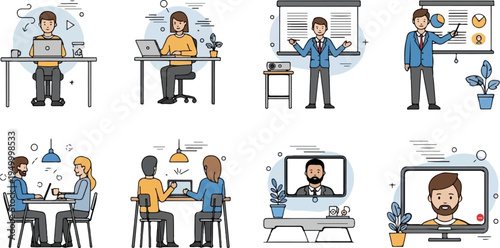 Diverse individuals engage in various work activities individual focus, collaboration, presentations, and remote communication