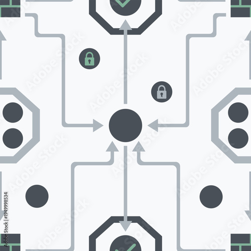 Zero Trust AI Network seamless pattern showing verified badges and firewalls in a flat design style for strict artificial intelligence access control and security framework backgrounds.
