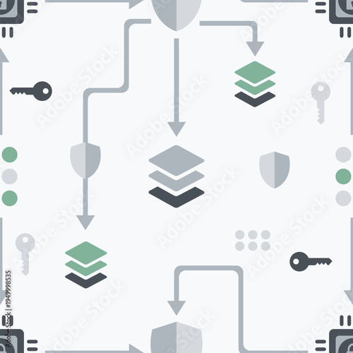 AI Encryption Layer System seamless pattern featuring cryptographic keys and layer stacks in a clean flat vector style for secure AI model data protection and privacy backgrounds.