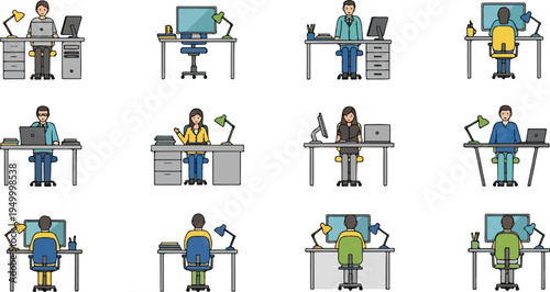 Diverse group of people working at desks with computers and office supplies