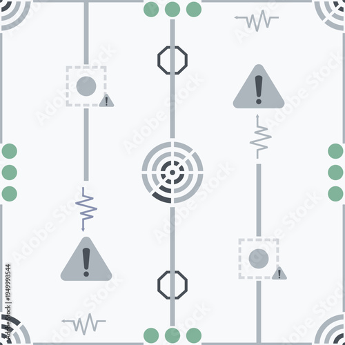 Anomaly Detection Grid seamless pattern depicting threat hunting in AI networks with radar circles and alert symbols in a technical flat design for system diagnostic backgrounds.