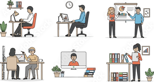 Diverse office scenes depicting teamwork, individual work, presentations, and virtual collaboration