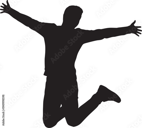 A black silhouette of a happy person jumping in the air with arms outstretched against a white base Vector, illustration