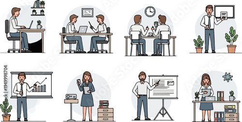 Animated professionals engage in diverse office tasks, from meetings to presentations