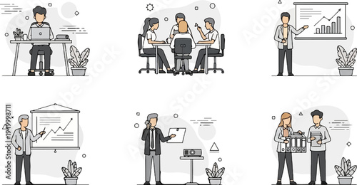 Business illustrations showing meetings, presentations, and office work (1)