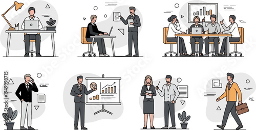 Business meeting and office work depicted in a modern flat illustration style