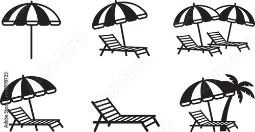 Beach umbrella and sun lounger icon set, summer vacation seaside relaxation chair parasol silhouette collection