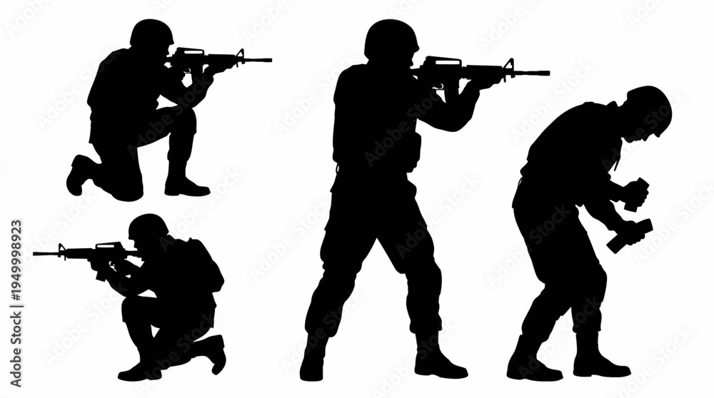 Naklejka premium Four soldier silhouettes in combat poses, including kneeling, standing, and throwing a grenade, against a white background.
