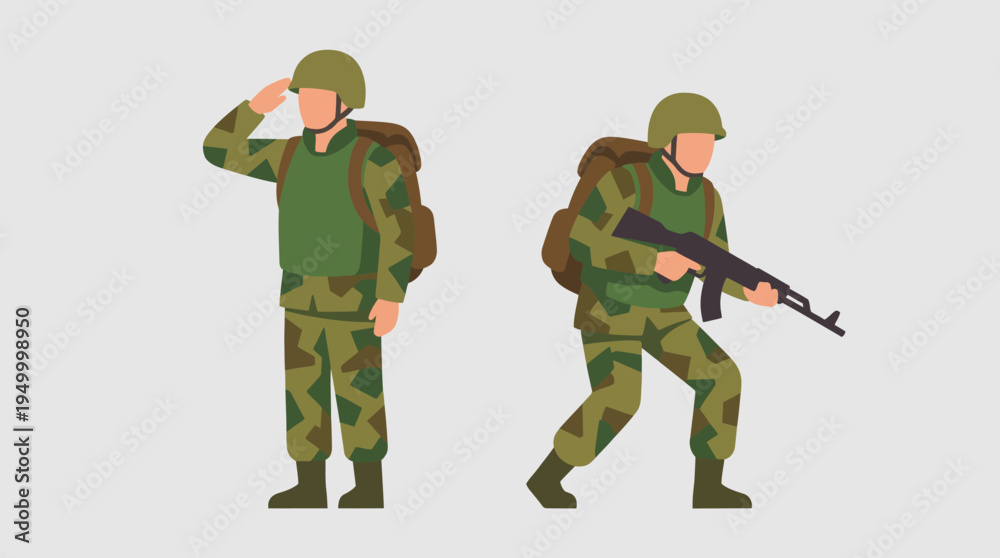 Naklejka premium Two cartoon soldiers in camouflage, one saluting and one holding a rifle, representing military personnel.