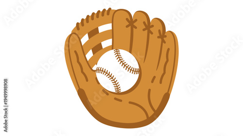 Cartoon illustration of a brown baseball glove catching a white baseball with red stitching, isolated on a white background.