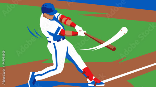 A dynamic illustration of a baseball player in a white and blue uniform swinging a bat on a green field.