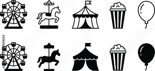 Carnival amusement park icon set with ferris wheel carousel circus tent popcorn and balloon, funfair entertainment outline and solid vector icons