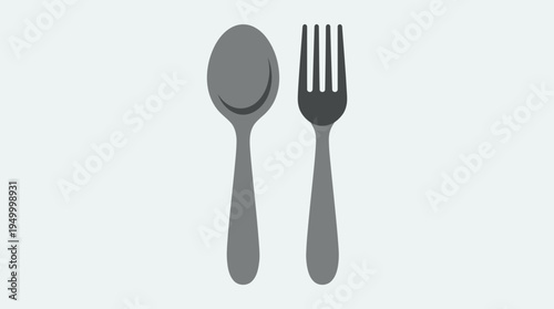 A minimalist illustration of a gray spoon and fork side by side on a light background, representing basic dining utensils.