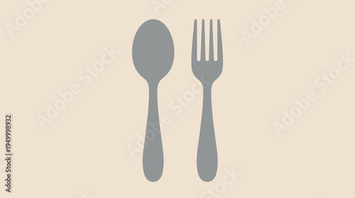 Simple graphic illustration of a grey spoon and a grey fork standing upright side-by-side on a plain light beige background.