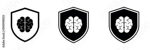 Shield icons with brain symbol showing data protection, intelligence security and cybersecurity technology concept illustration