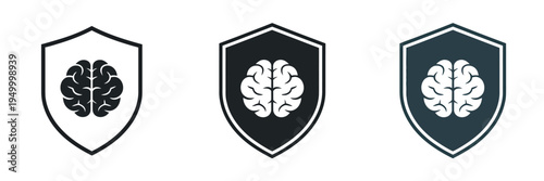 Shield icon set with brain symbols representing intelligence protection, cybersecurity concept and secure technology illustration