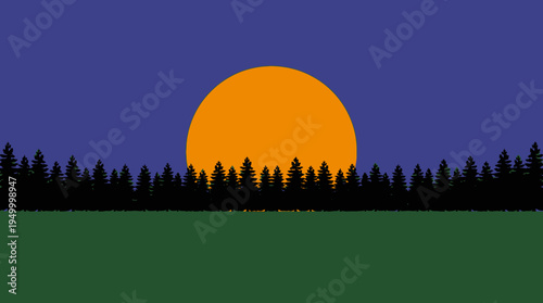 Minimalist graphic illustration of a sunset or sunrise over a dark forest silhouette and green field under a deep blue sky.