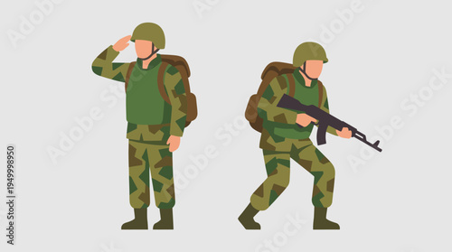 Two cartoon soldiers in camouflage, one saluting and one holding a rifle, representing military personnel.