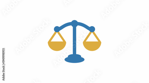Stylized graphic illustration of a blue and gold balance scale, symbolizing justice, law, and equality on a clean white background.