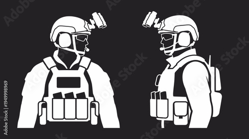 Two stylized white silhouettes of tactical soldiers wearing helmets, night vision, and vests against a black background.