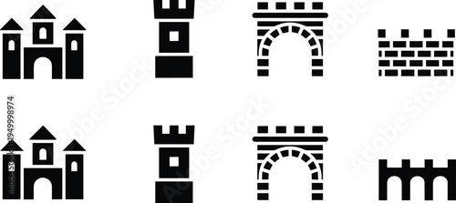 Castle tower and medieval brick wall icons set with fortress gate arch silhouette collection for architecture, history, landmark and fantasy design