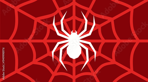 White spider on a red background with a subtle spider web pattern, creating a bold and iconic graphic design.