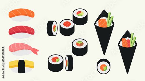 A vibrant illustration showcasing a variety of traditional Japanese sushi, including nigiri, maki rolls, and temaki hand rolls, against a light background.
