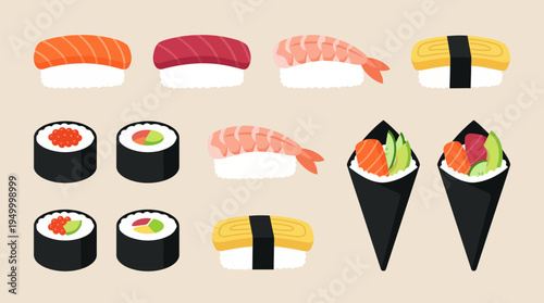 A vibrant collection of various Japanese sushi and sashimi dishes including nigiri, maki rolls, and temaki, featuring salmon, tuna, shrimp, and egg.