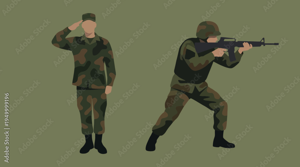 Naklejka premium Two stylized soldiers in camouflage uniforms, one saluting and the other aiming a rifle, on a solid green background.
