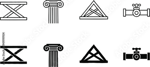 Construction and architecture icons set with steel truss column roof frame pipe valve, minimalist line and silhouette engineering structure vector collection