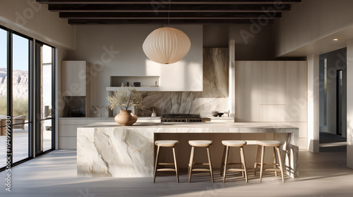 modern kitchen interior with fireplace