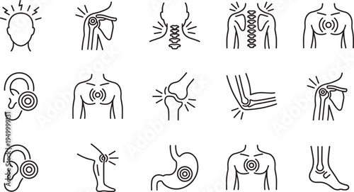 Body pain medical outline icon set, human anatomy injury symptom collection, headache shoulder knee stomach chest vector