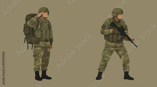 Two soldiers in camouflage uniform with helmets and body armor, one saluting with a backpack, the other holding a rifle.