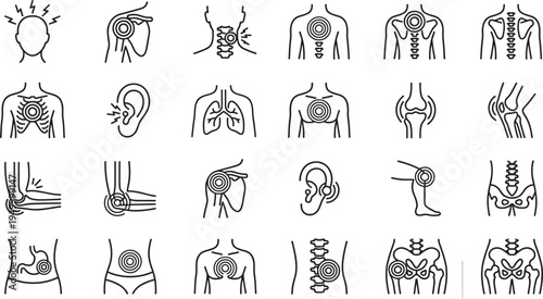 Body pain medical icon set, human anatomy injury symptoms collection, headache ear shoulder knee back pain vector