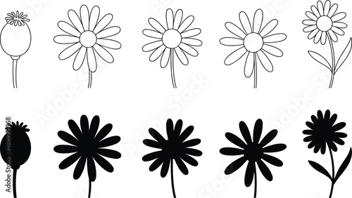 Daisy flower icons set with poppy seed pod and blooming garden flowers, minimalist line and silhouette botanical nature vector collection