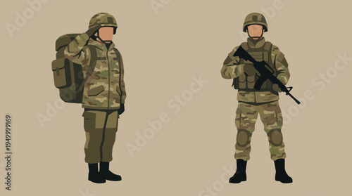Two soldiers in camouflage uniforms, one saluting with a backpack, the other standing with a rifle, depicted in a flat vector style.