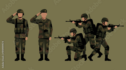 Illustration of soldiers in camouflage uniforms, with two saluting and three in combat positions holding rifles.