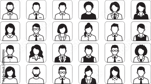 Business people avatar icon set, diverse men and women profile portraits corporate team user icons collection.