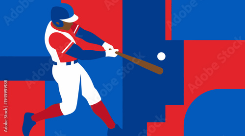 A stylized graphic illustration of a baseball player in a red, white, and blue uniform swinging a bat and hitting a baseball against a geometric background.