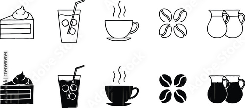 Dessert drink coffee and milk icons set with cake iced beverage coffee cup beans and milk jug outline and silhouette collection