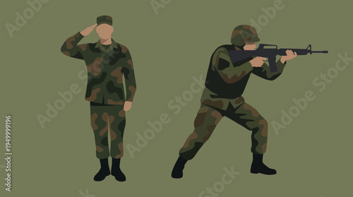 Two stylized soldiers in camouflage uniforms, one saluting and the other aiming a rifle, on a solid green background.