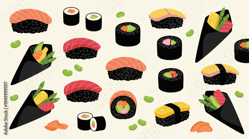 An assortment of colorful Japanese sushi and sashimi pieces including nigiri, maki rolls, and temaki hand rolls, with scattered edamame and ginger slices on a light background.