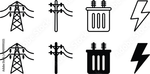 Electric power line tower utility pole transformer and lightning bolt icon set, electricity energy outline and solid vector icons collection
