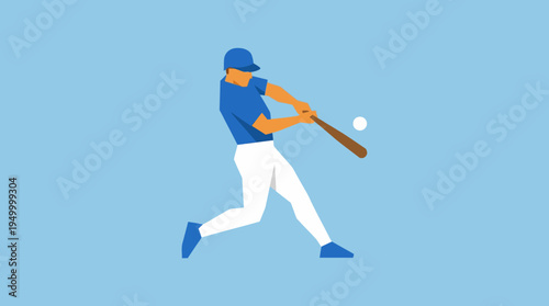 A minimalist flat illustration of a baseball player in blue and white uniform swinging a bat at a baseball against a light blue background.