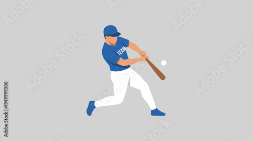 A baseball player in a blue uniform swinging a bat and hitting a baseball during a game or practice session.