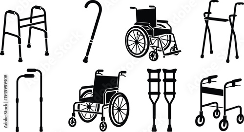 Disability mobility aid solid icon set with wheelchair walker crutches cane and rollator, healthcare assistive equipment vector symbols collection