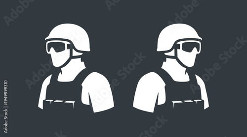 Two stylized white icons of tactical soldiers wearing helmets, goggles, and vests on a dark grey background, facing away from each other.