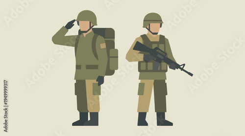 Two minimalist cartoon soldiers in military uniforms, one saluting with a backpack and the other holding a rifle, standing against a plain background.