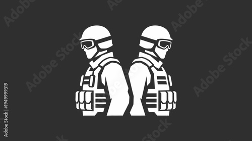 Two stylized white figures of soldiers or special forces personnel standing back-to-back, wearing tactical gear, helmets, and goggles, on a dark grey background.